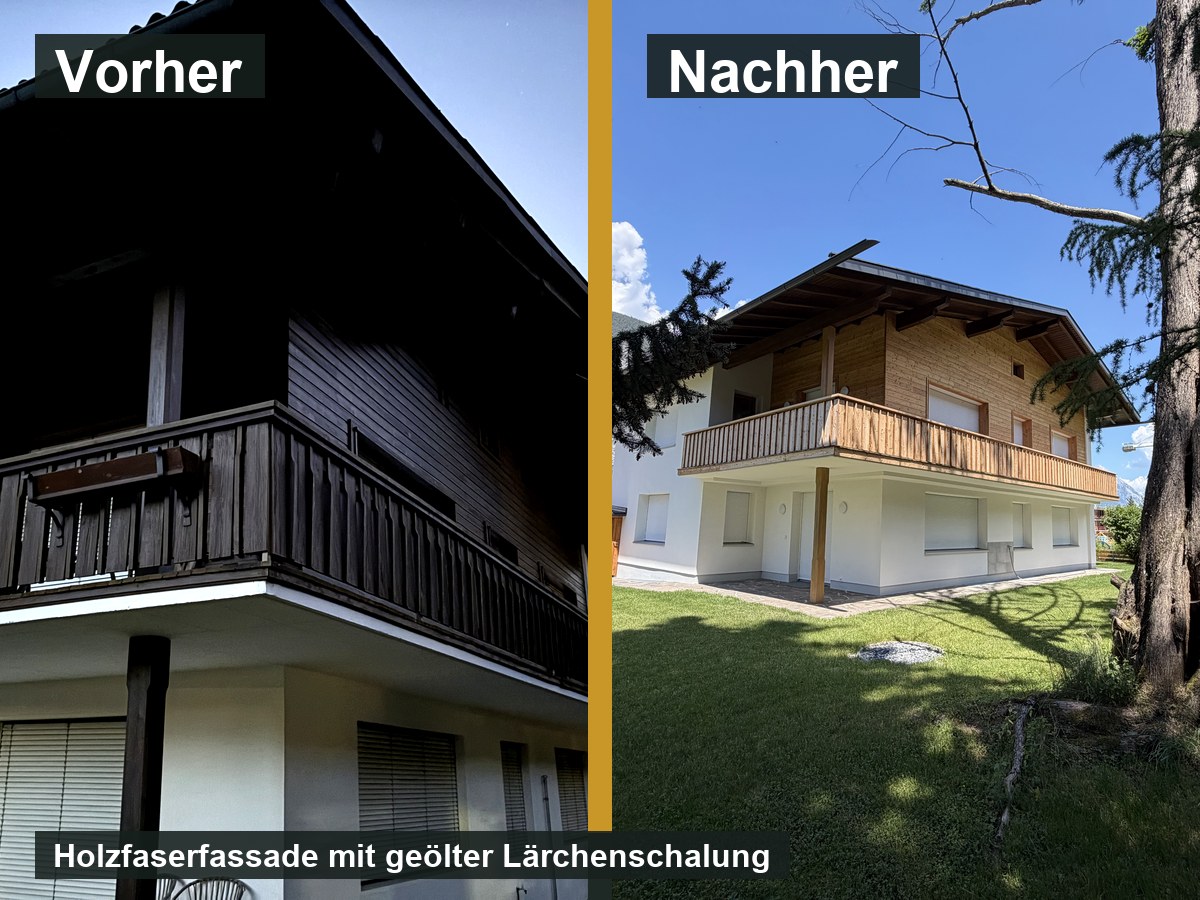 Vorher-Nachher Ansicht der Holzfaserfassade mit Lärchenschalung