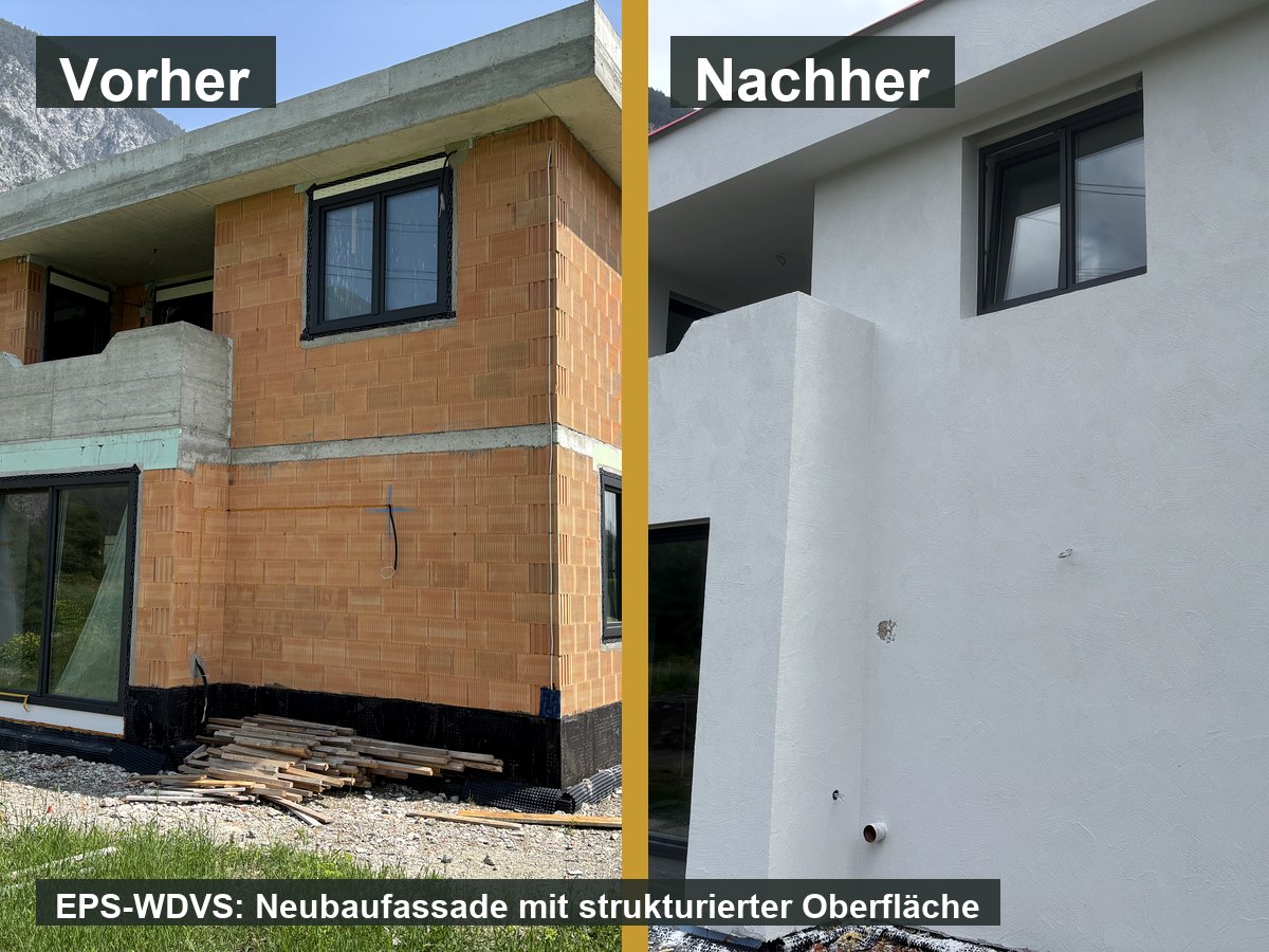 Vorher-Nachher Ansicht der Neubaufassade mit WDVS